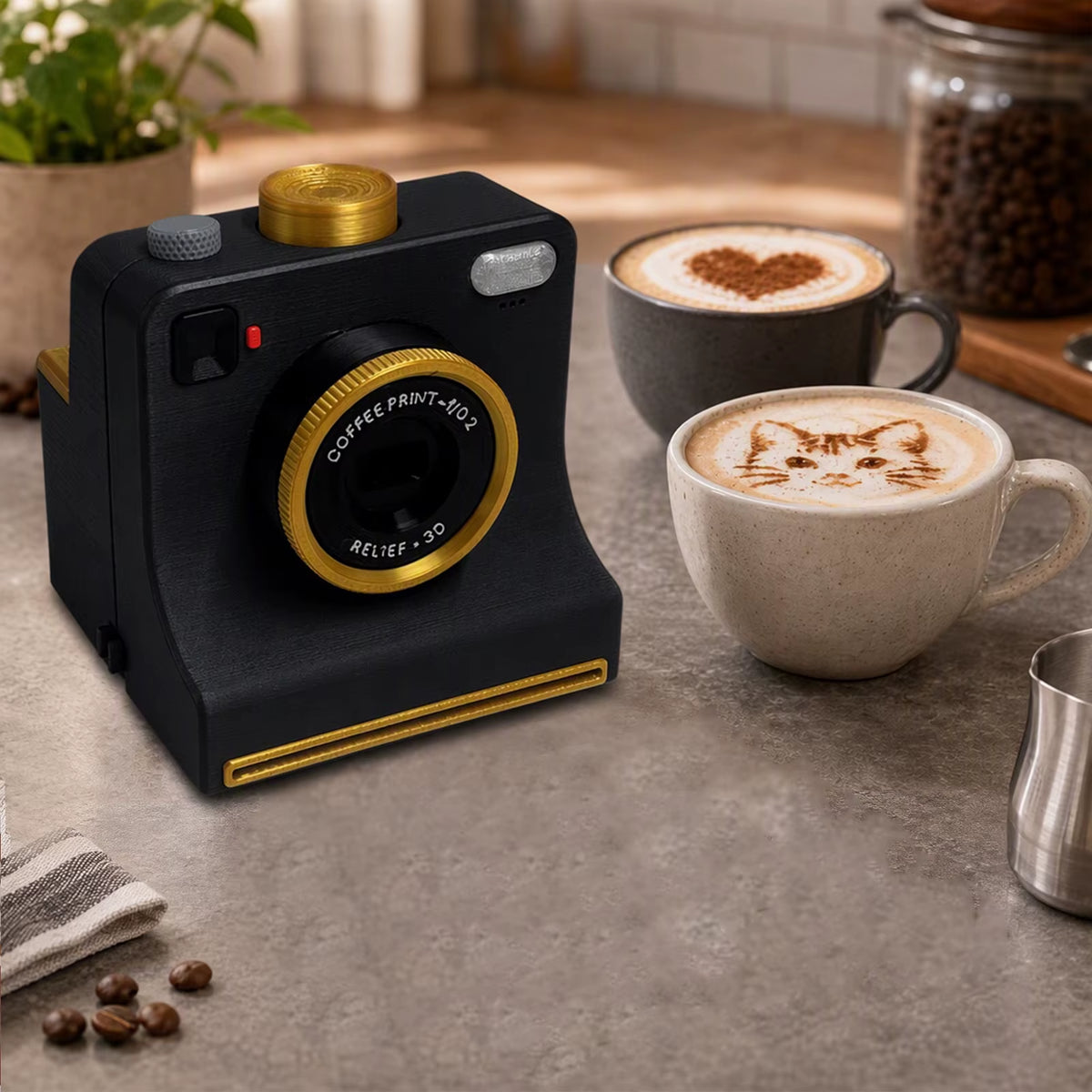 Funny 3D Printed Latte Camera Replaceable Cards One Touch Press DIY Latte Art Camera Tool Vintage Look Included Stencils