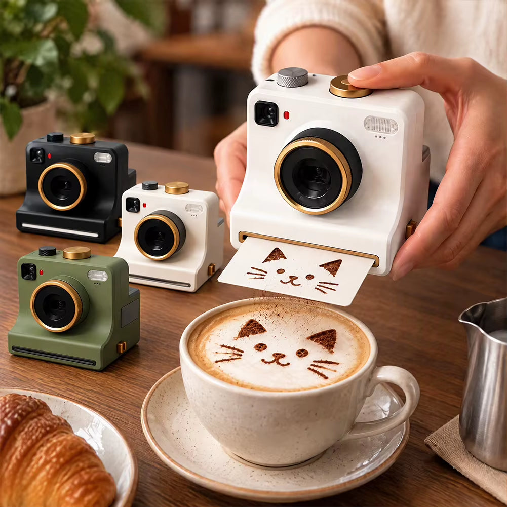 Funny 3D Printed Latte Camera Replaceable Cards One Touch Press DIY Latte Art Camera Tool Vintage Look Included Stencils