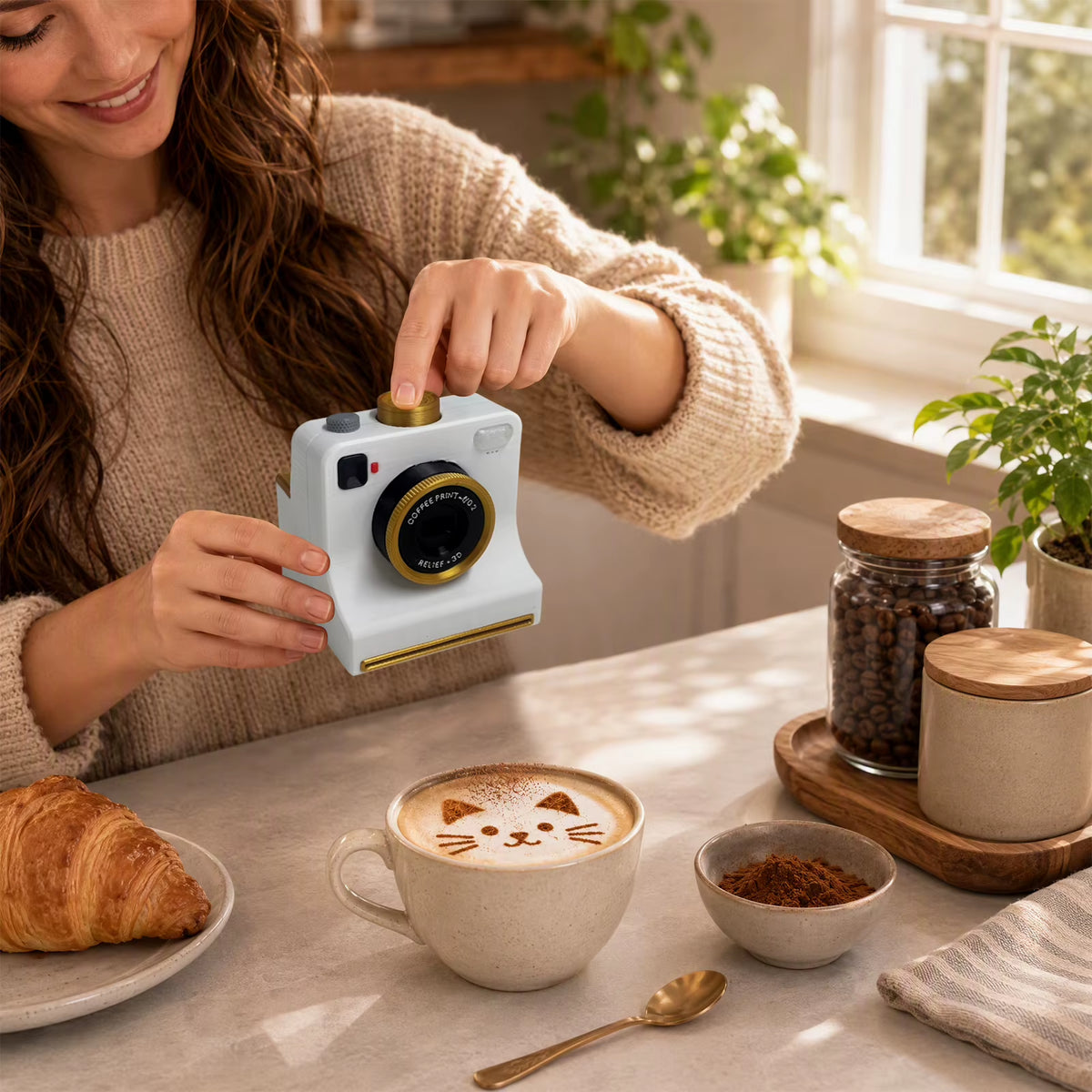 Funny 3D Printed Latte Camera Replaceable Cards One Touch Press DIY Latte Art Camera Tool Vintage Look Included Stencils